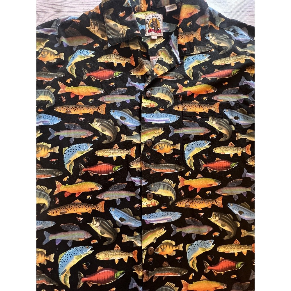 Max Boxxer Button Shirt Mens L Large Fishing All Over Fish Print Black Contrast - Picture 3 of 6